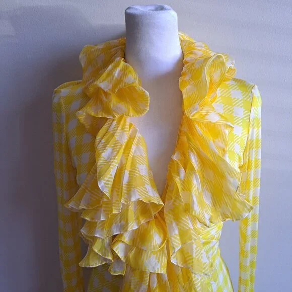 Roberto Cavalli Yellow Ruffle Sheer Silk Blouse Size 38 / XS - Picture 2 of 16